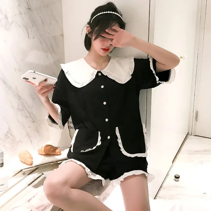 

Black 2PCS Model Top&Shorts Sweet Pajama Suit Cute Peter pan Collar Home Clothes Casual Nightwear White Ruffles Trim Sleepwear
