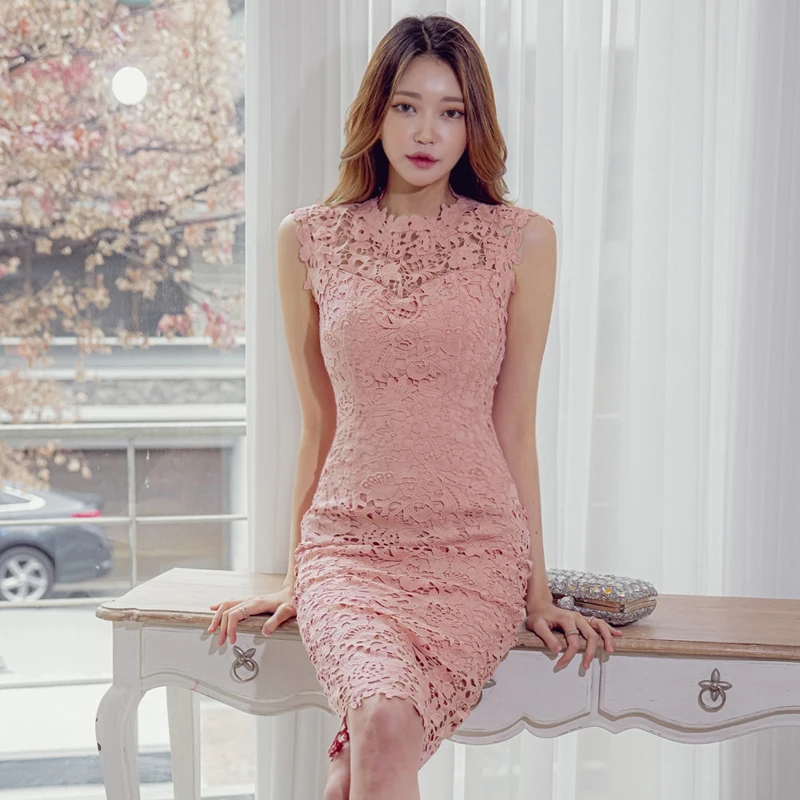 

Summer Women Elegant Lace Hollow Out Sheath Party Pink Dress Bodycon Sleeveless Office Work Pencil Dresses
