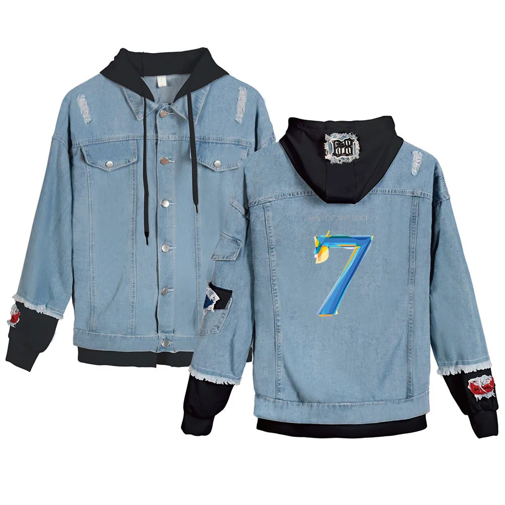 

New Arrival bangtan Denim Jacket Map Of the soul 7 Fake two pieces Coat Men/Women Fashion Jacket Hip Hop Kpop Hoodies