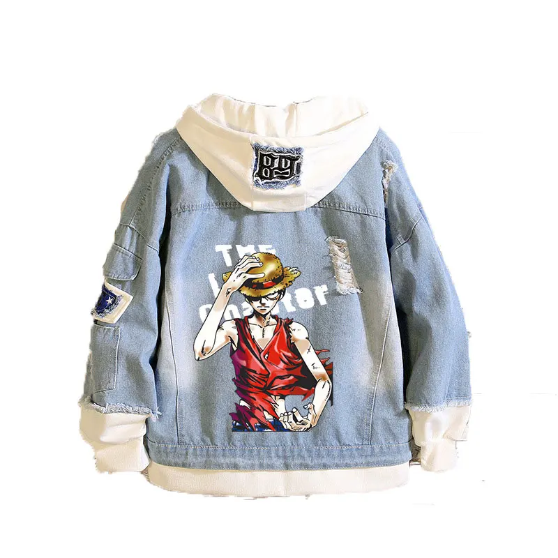 Anime Hole Denim Jacket ONE PIECE Chaqueta Hoodie Man Woman Luffy White beard Cosplay Costume Pure Cotton Fashion Casual Coat |