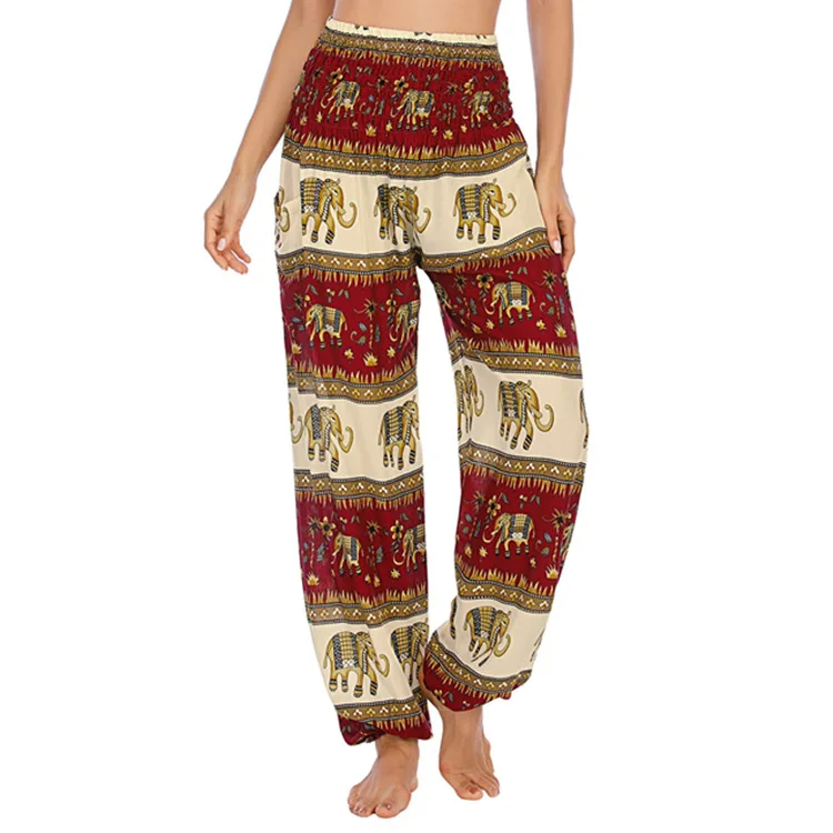 

Boho Harem Pants Elephant Print Elastic Waist Casual Pants for Women Loose Thailand Sweatpants High Waist Pockets Bloomers Black
