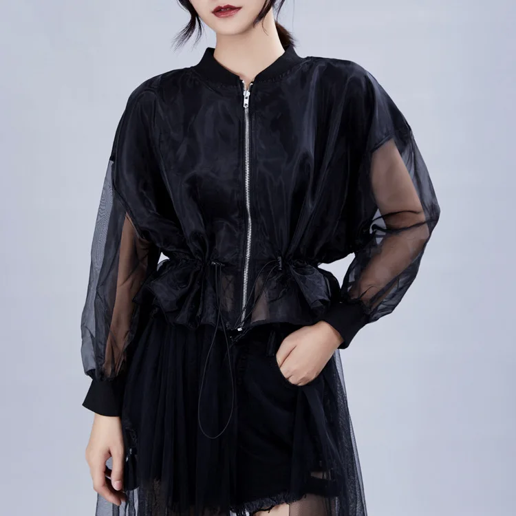 

Women Dress New Stand Neck Long Batwing Sleeve Loose Fit Mesh Perspective Pleated Fashion Tide Spring Autumn