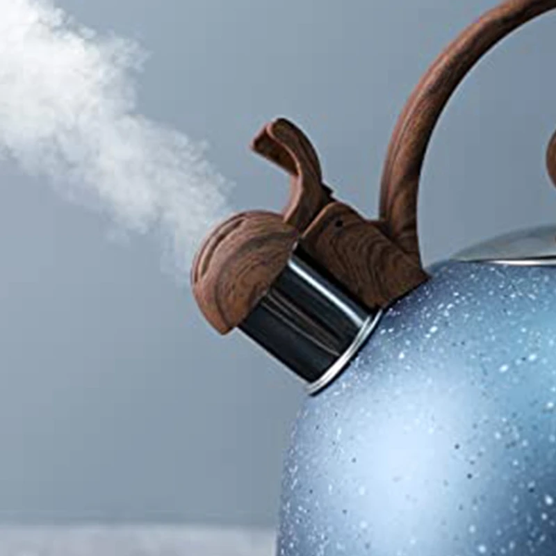 

Food Grade Stainless Steel Teapot for Stovetops Gas Electric Induction with Wood Pattern Handle Loud Whistle