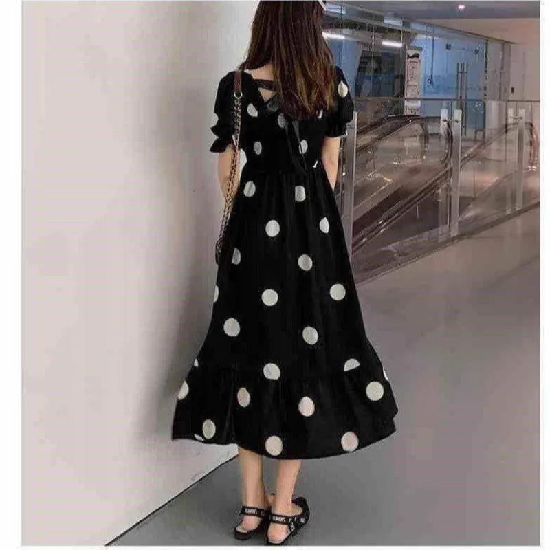 

2021 New Summer Women Long Beach maxi black Dress Elegant Fashion Square Collar Casual Short Sleeve Big Sizes Dot Dresses Ladies