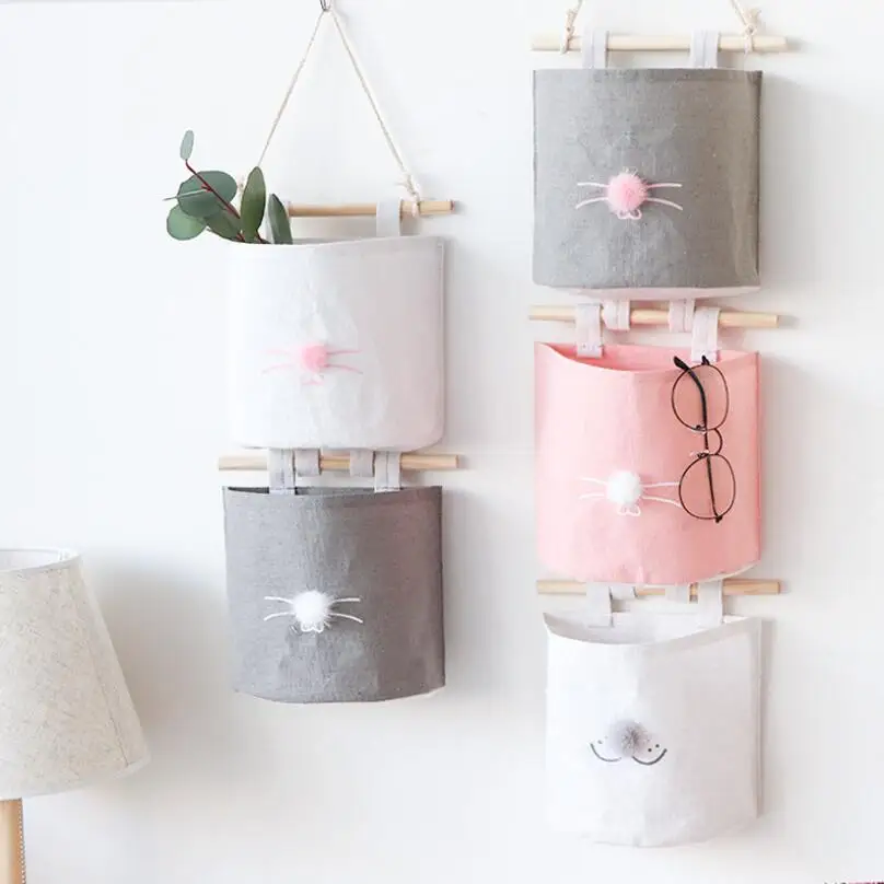 

New Cartoon Wall Sundry Cat Fabric Cotton Pocket Hanging Holder Storage Bag Rack makeup Cosmetic organizer storage basket box