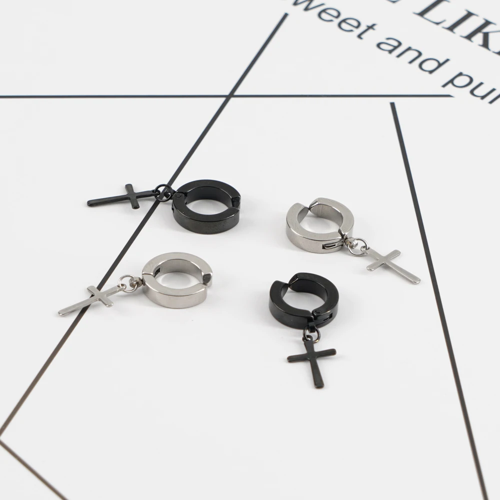 

1Pc Fake Piercing Earrings Stainless Steel Clip On Non Piercing Earrings For Women Men Cross Gothic Punk Rock Drop Pendiente