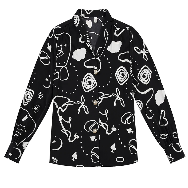 

Long Sleeve blusas mujer de moda 2020 New Autumn V Neck Printed Shirt Pearl Button Women Blouse Black White Chiffon Top 905B