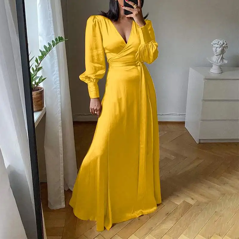 

VONDA Women Long Maxi Dress 2022 Ladies Autumn Sexy V Neck Long Puff Sleeve Robes Longue Bohemian Satin Slik Vestidos Female