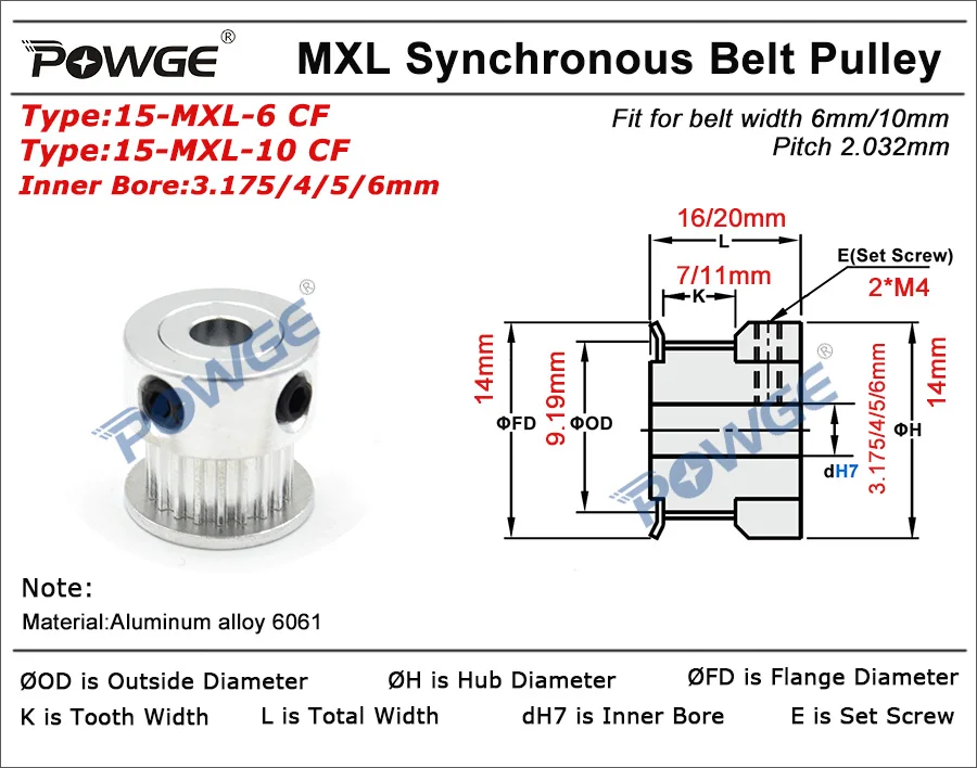 Зубчатый шкив POWGE MXL трапециевидный 15 зубьев диаметр 3 175/4/5/6 мм для ширины 6/10