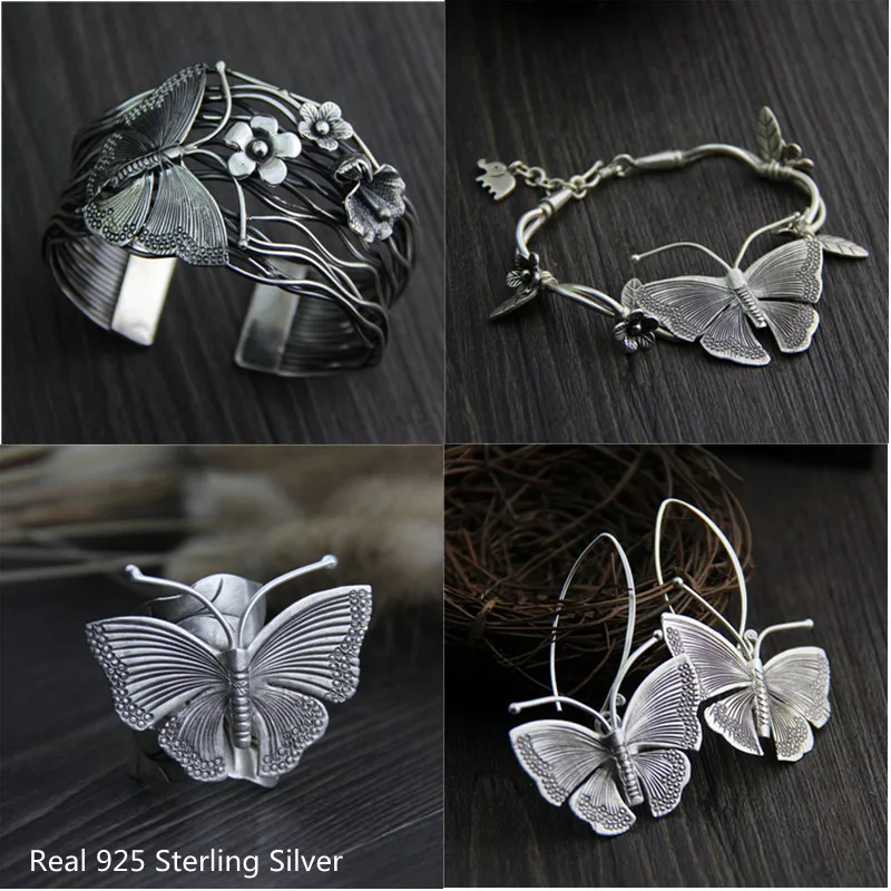 

Buyee Real 925 Sterling Silver Big Wedding Jewelry Sets 40mm Width Bangle Retro Butterfly & Small Flower Ethnic Earring Women