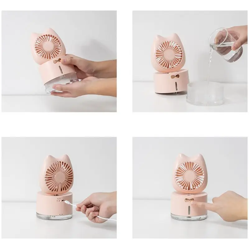 

Mini Cute Cat Humidifier Fan Colorful LED Lights Handheld Air Diffuser Cooler