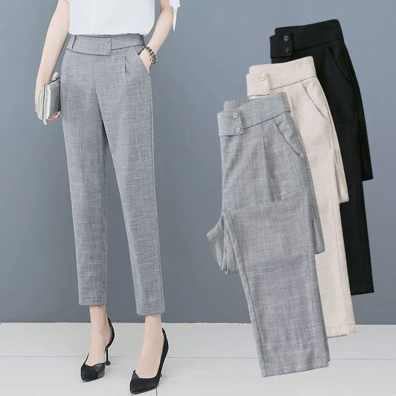 

Summer Thin Imitation Cotton Hemp Fashion Suit Pants Women's Large Size High Waist Loose Small Foot Elastic Harlan Casual D033