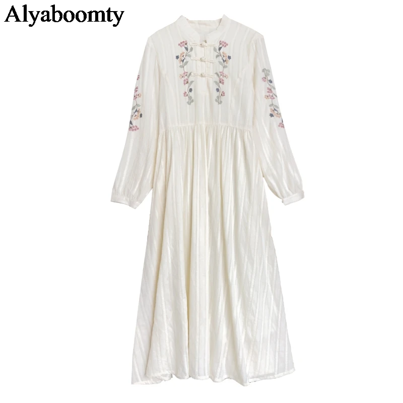 

Mori Girl Autumn Spring Women Midi Dress Stand Collar Floral Embroidery Ethnic Vintage Dress Long Sleeve Elegant Classical Dress