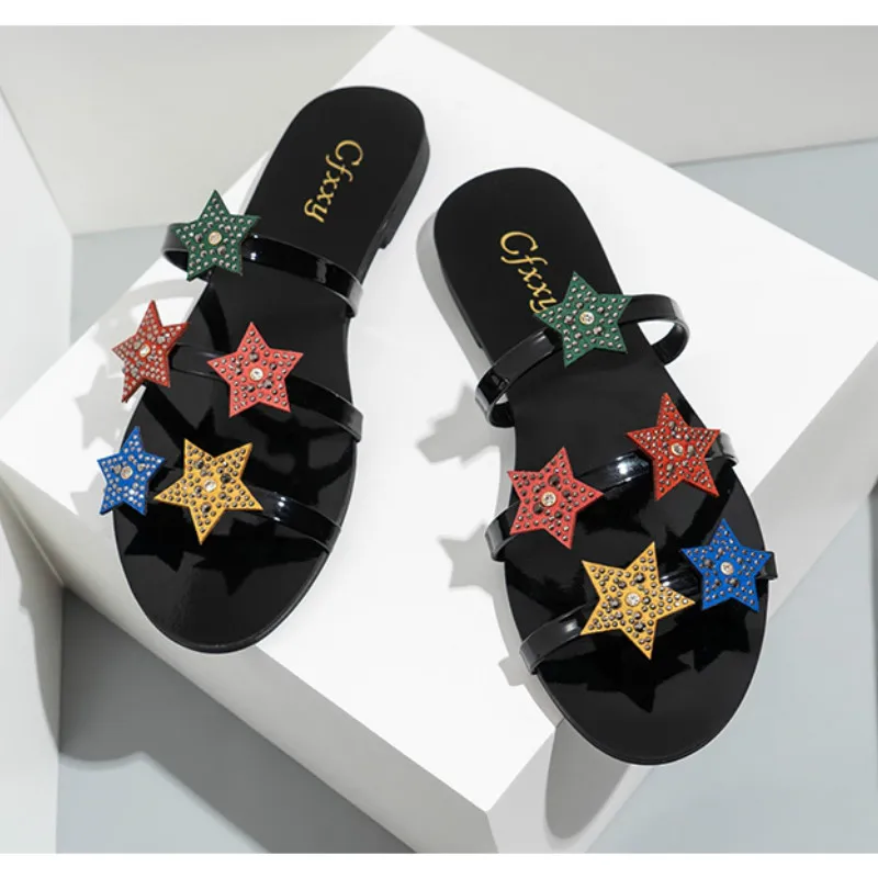 

Large Size 37-42 Women Slippers 2021 Summer Crystal PVC Flat Shoes Woman Summer Beach Slippers Open Toe Black Sexy Lady Slides