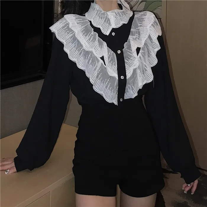 

Spring Black Lace Patchwork Blouse Women Long Sleeve Chic Ruffles Tops Female Vintage Fashion Clothing Lady