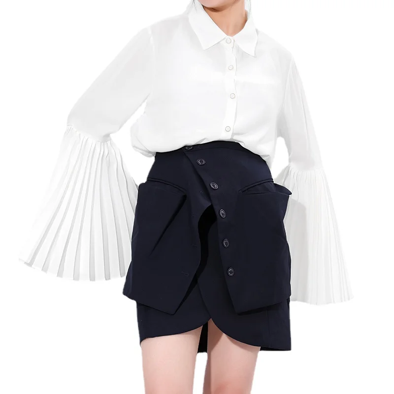 

Women Pleated Temperament White Shirt Women's Oversize New Lapel Long Sleeve Loose Fit Fashion Woman Blouses 2021 Spring Autumn