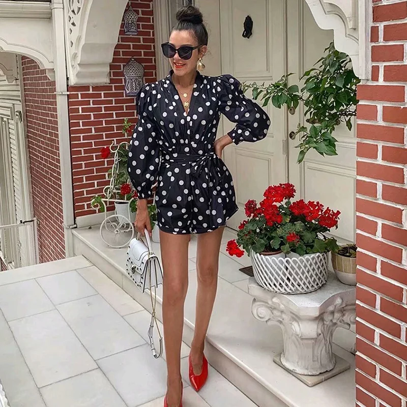 Женский комбинезон в горошек элегантный галстук бабочка пышный с длинным