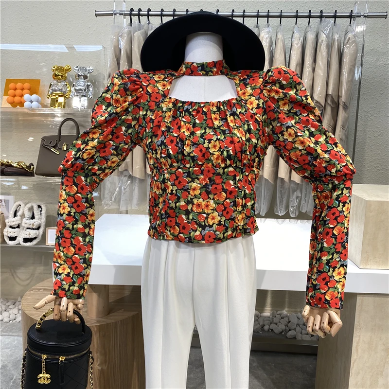 

Niche Design 2021 French Cuff Cut-out Floral Shirt Slimming Pleated Top