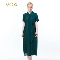 voa 100 silk jacquard peacock green polo neck short sleeve asymmetric summer womens dress 2021 wedding anniversary gift ae890