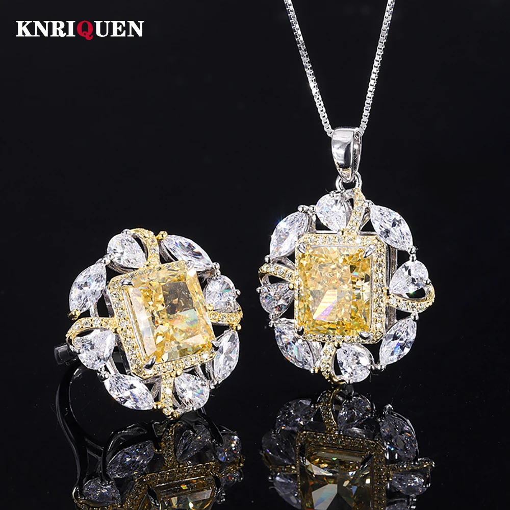 

Vintage 100% 925 Real Silver 10*12mm Topaz Gemstone High Carbon Diamond Pendant Necklace Rings Fine Jewelry Set Gift for Women