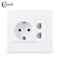 coswall pc panel eu russia spain wall socket double cat6 rj45 internet computer data connector white color 8686mm