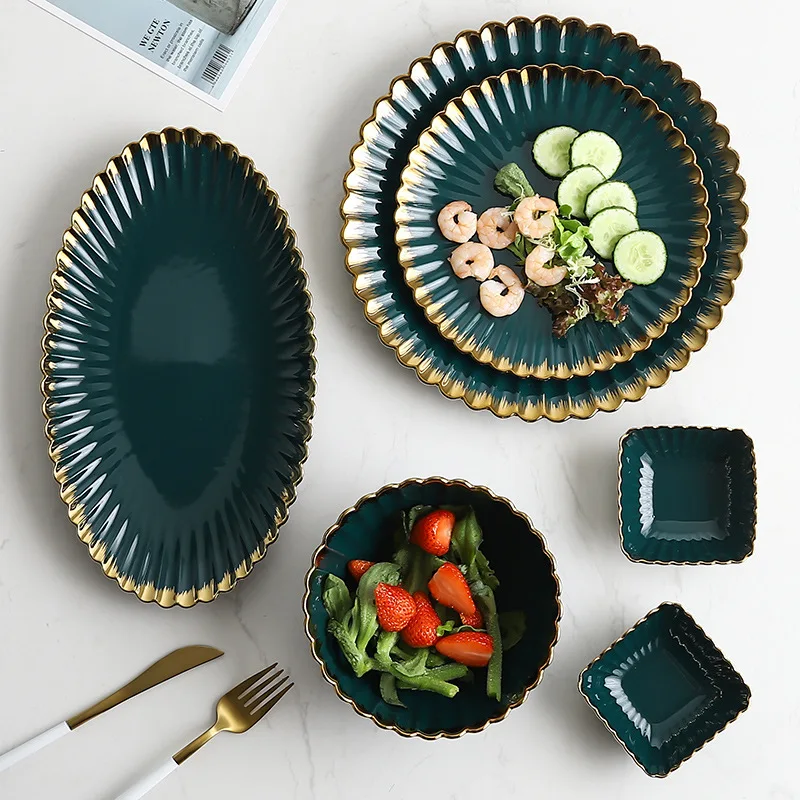 

Nordic Dinner Plates Ceramic Oval Platter Soup Bowl Fruit Salad Dessert Plates Green Crockery Trays Decorative Dinnerware Set