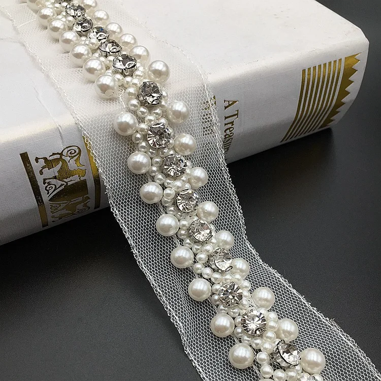 

2Yards Handmade White Beads Pearl Trims Rhinestone Mesh Ribbon Crystal Applique Sewing Accessories For Wedding Dress Sash Belt