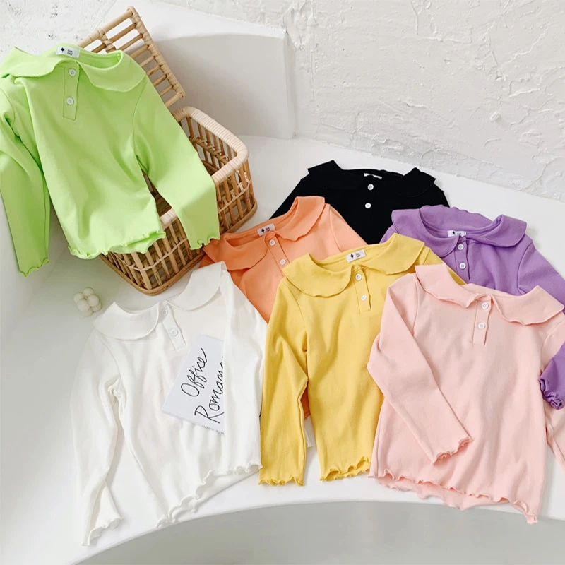 Детские топы хлопковая Футболка с кукольным воротником весна осень 2021 одежда для