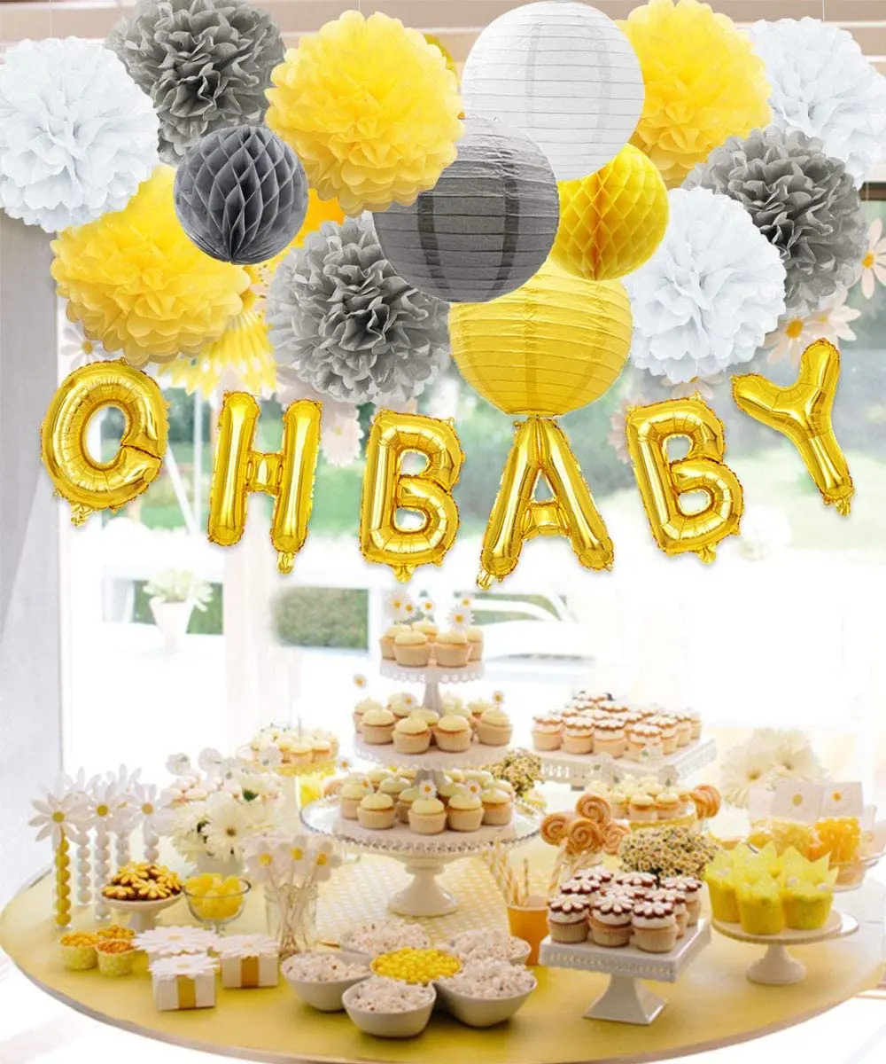 

Украшение для вечеринки в честь будущей матери, надувные шары из фольги, гирлянды, меховые шарики, бумажные фонари желтого и серого цветов, т...