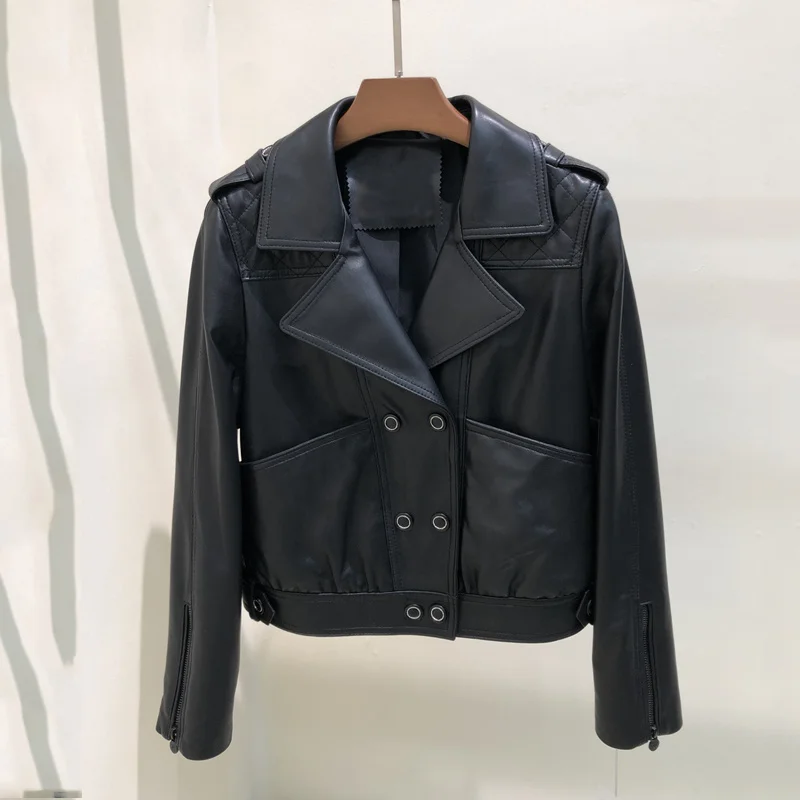 

SHZQ Высококачественная Женская одежда, весеннее Черное короткое повседневное пальто, куртка из натуральной кожи, двубортная куртка с больши...