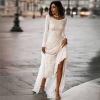 wedding dress bohemian slit full sleeves bridal gowns lace floor length a line backless scoop neck bride gown vestido de novia