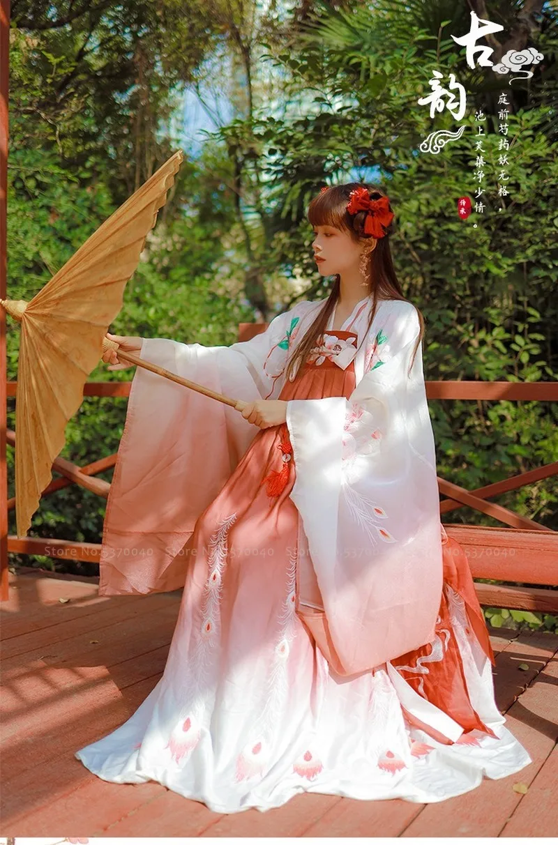 Женское платье в китайском стиле с вышивкой и градиентной юбкой| |