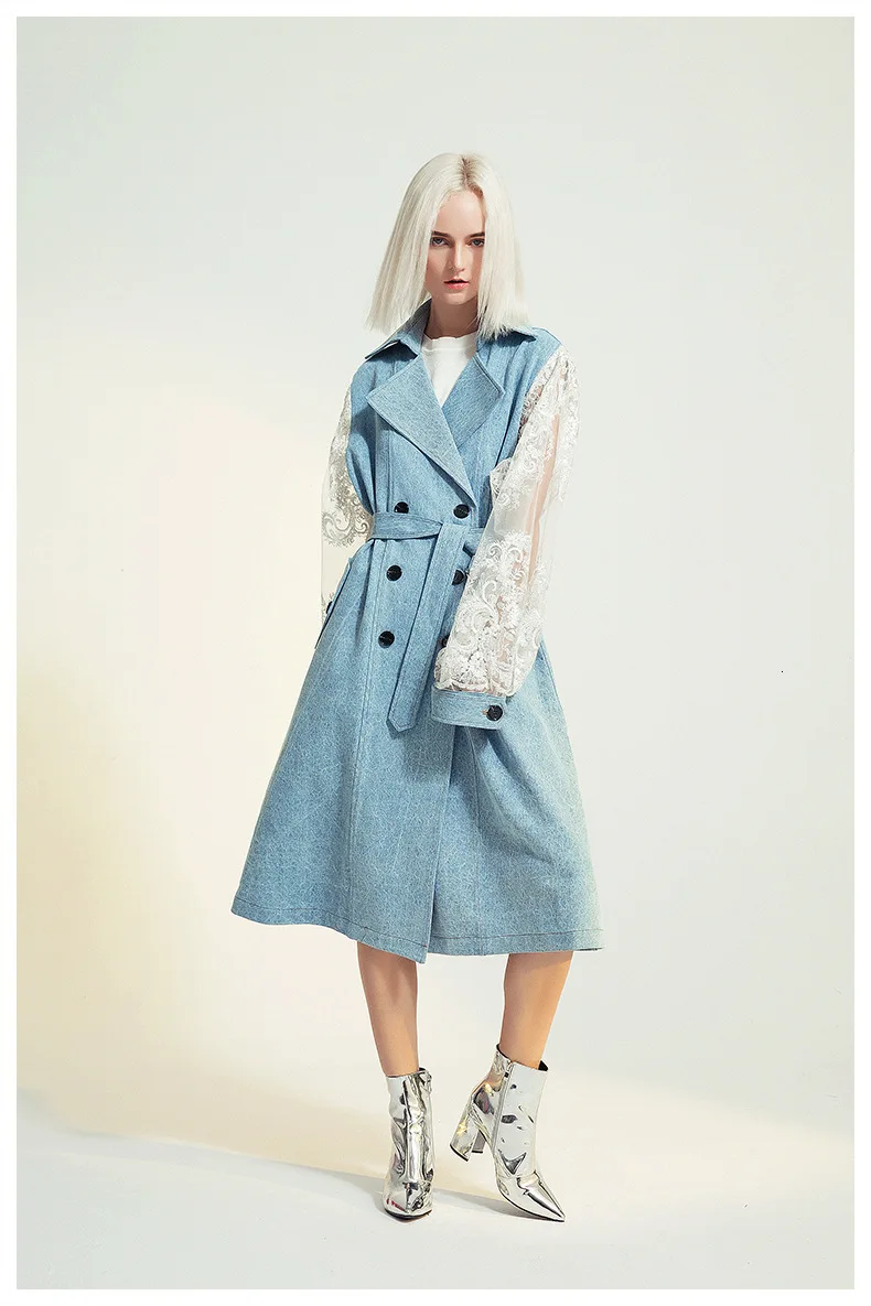[EAM] женский джинсовый Тренч с кружевным поясом, новая свободная ветровка с отворотом и длинным рукавом, модная осенне-зимняя коллекция 1B097