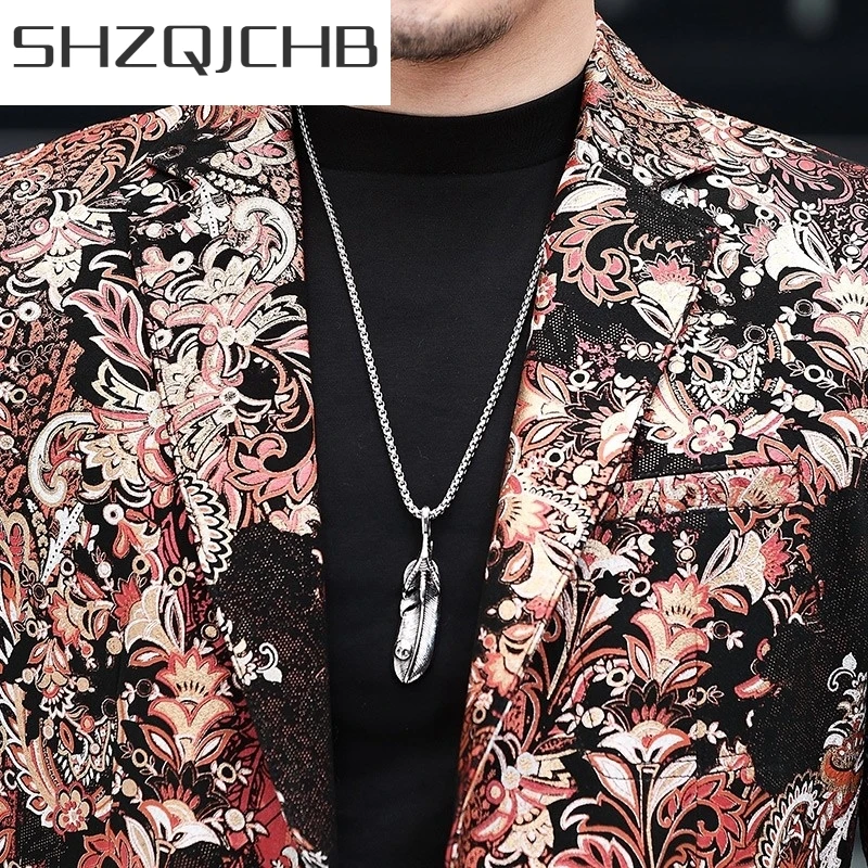 

JCHB 2021 High Quality Men Colorful Floral Printed Sheepskin Blazer Wedding Party Genuine Leather Jacket Slim Fit Business Man S