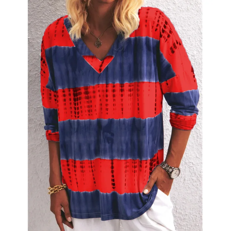 

Oversized Women Tie Dye Striped Print T-Shirt Casual Loose Long Sleeve V-Neck Winter Fall Tee Tops Female Pullover t Shirt