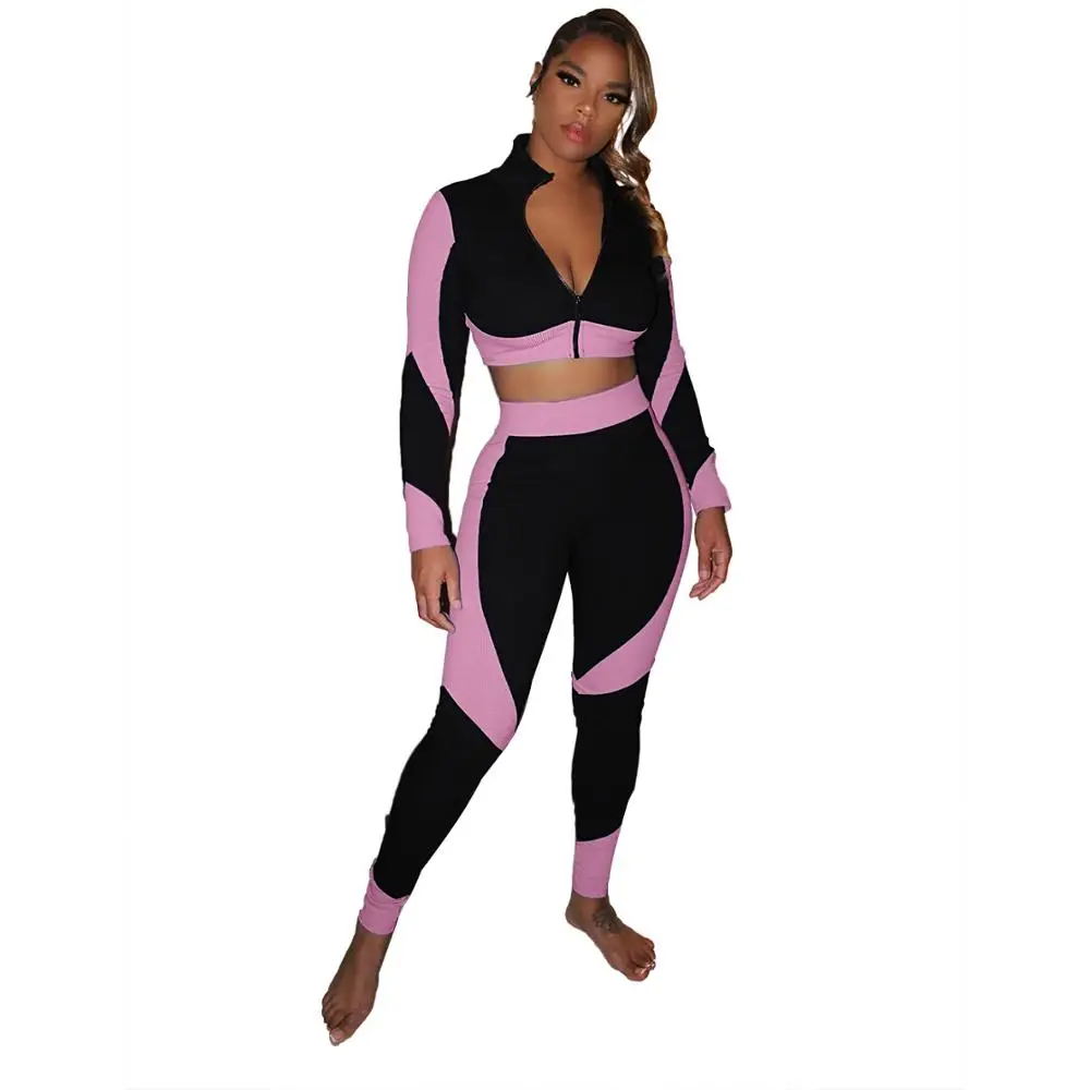 

JRRY Women Tracksuit Ribbed Two Pieces Set Zippers Crop Top Long Pants Skinny Sports Suit Raised Lines Pattern Outdoor Wear