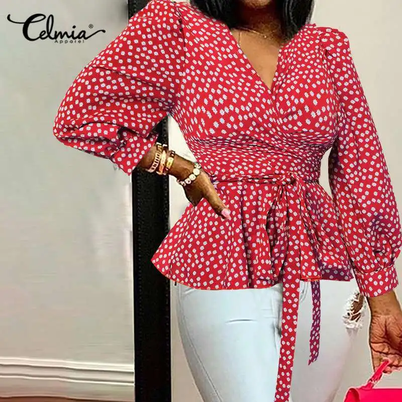 

Женская офисная блузка с глубоким V-образным вырезом, элегантный топ с цветочным принтом Celmia, модная рубашка с поясом, блузки большого разме...