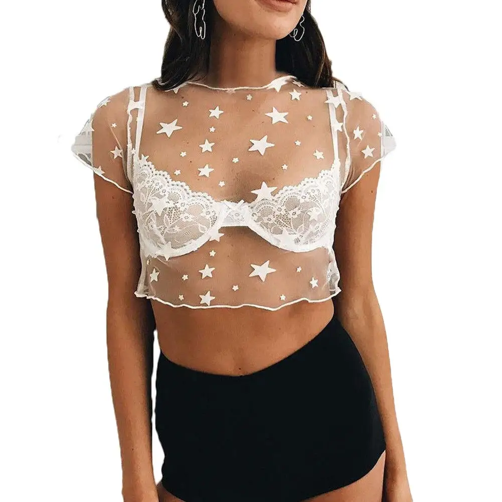 

Сексуальные женские сетчатые прозрачные укороченные топы, Клубная одежда, футболка с коротким рукавом и принтом звезд