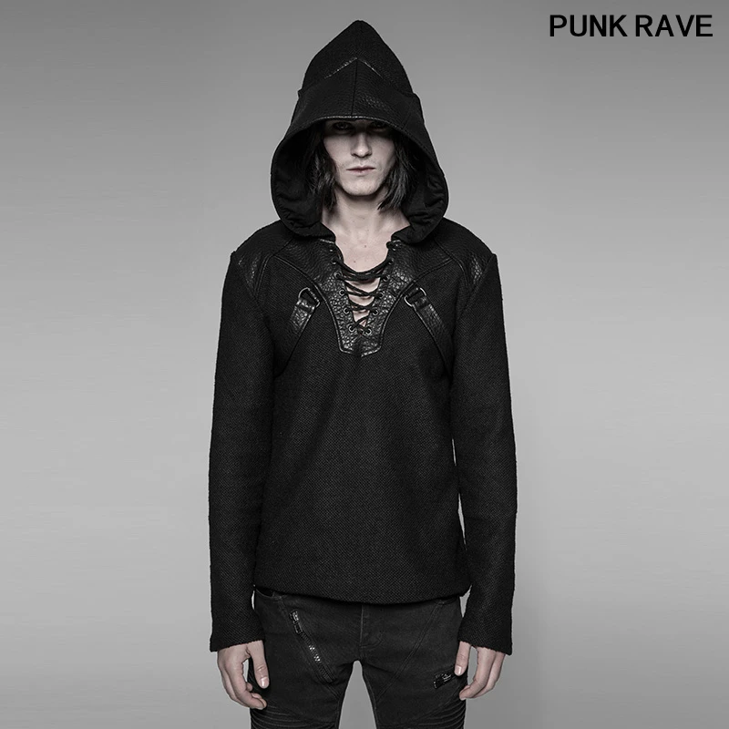 

Personality Daily Casual PU leather cool Men Sweater Punk Coarse Grain Wool Dragon Wing Hat Pullover Sweater PUNK RAVE WM-044TMM
