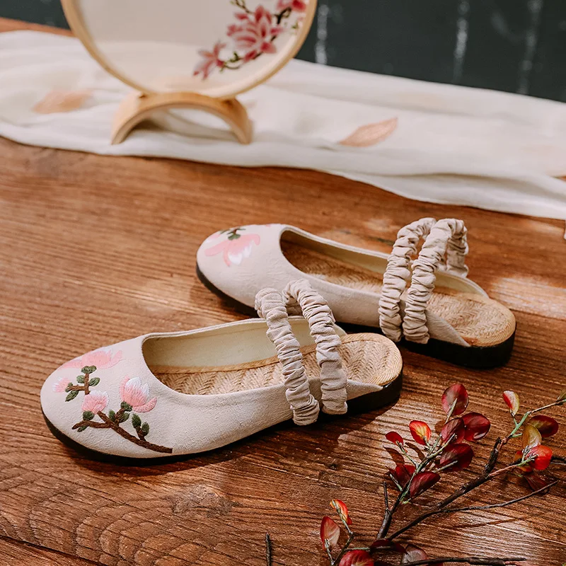 Женские шлепанцы Hanfu с вышивкой сандалии плоской подошвой из хлопка и льна 2019 |