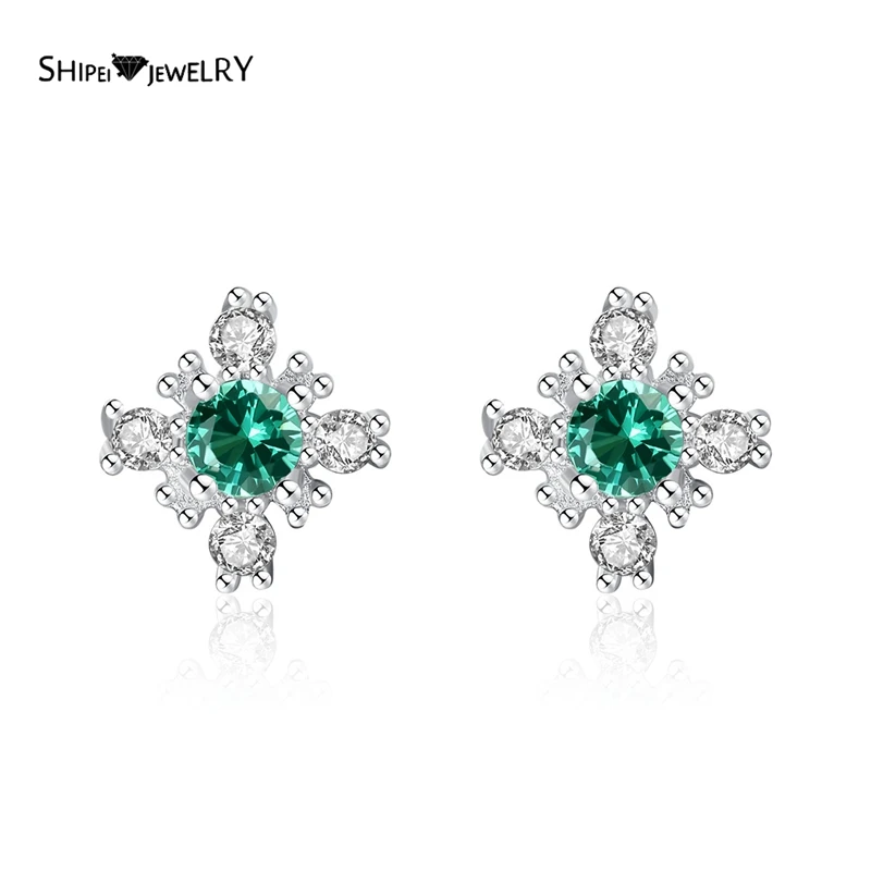 

Shipei 925 Sterling Silver Emerald Amethyst Created Moissanite Gemstone Flower Shape Earrings Wedding Engagement Fine Jewelry