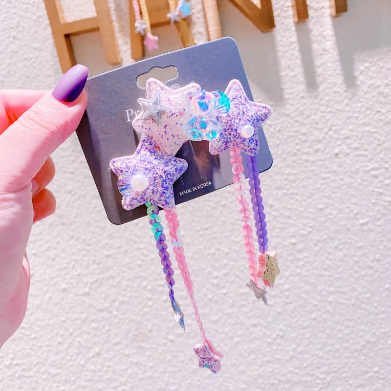 

2021 New Girls Glitter Sequin Hairpin Gradient Sequin Star Tassel Headdress Sweet Flower Pearl duckbill clip Korean Accessories