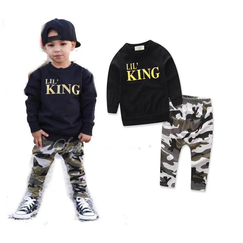 Комплект одежды для мальчиков топ с надписью Футболка King + камуфляжные штаны