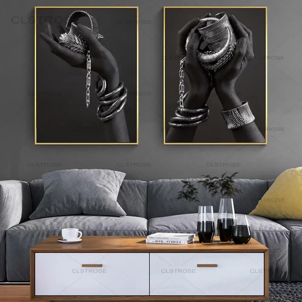 

Modern African Art Canvas Painting Black Hands Holding Silver Jewelry Wall Art Posters And Prints Home Wall Decorative Pictures