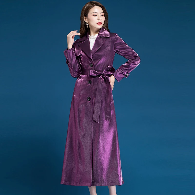Spring Fall Fashion Women Single Breasted Sash Bow Purple Long Trench Coat Womens Overcoat Suit Collar Woman Windbreaker | Женская