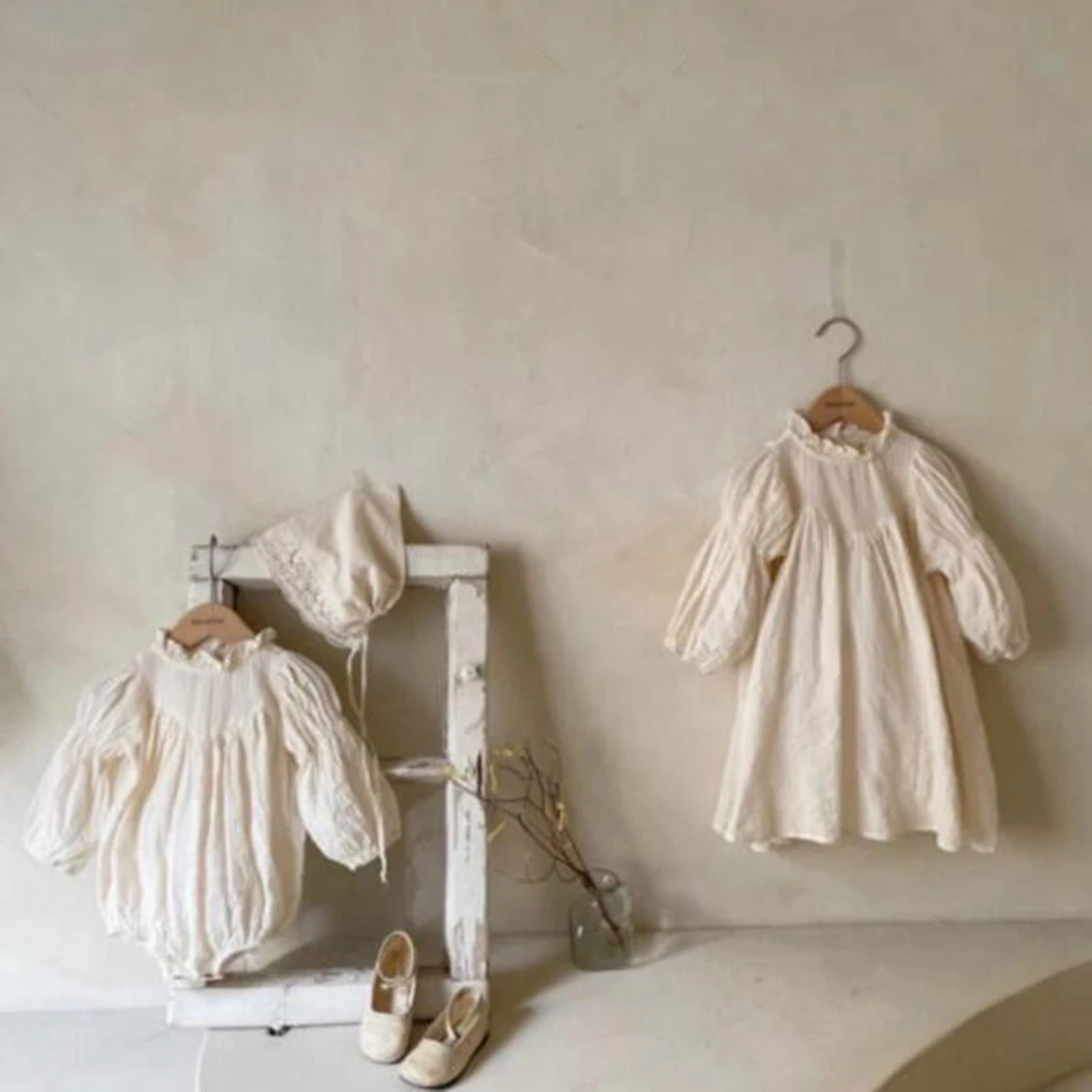 

Korea Ruffled Collar Baby Girl Lace Dress Cute Long Puff Sleeve Dress Spring Autumn Children's Clothing Girls Casual Dress
