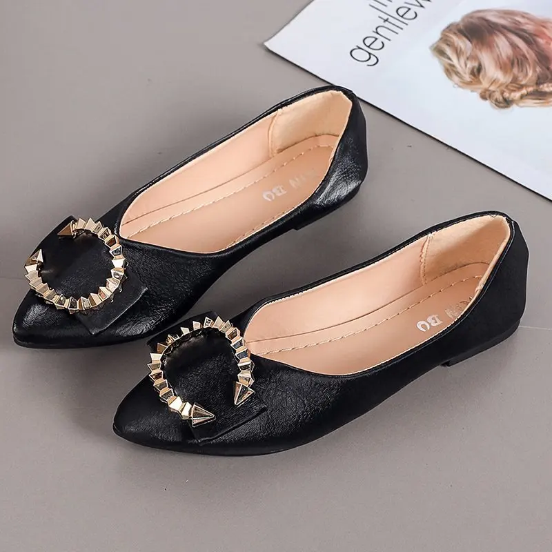 

HQ039 Women Shoes Spring/Autumn 2021 New Flat Peas Shoes Metal Soft Sole Shallow Mouth Women Shoes Rhinestone Plus Size 43