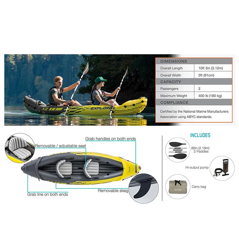INTEX Explorer K2 надувной каяк для 2 человек лодка из ПВХ динги плот с алюминиевыми