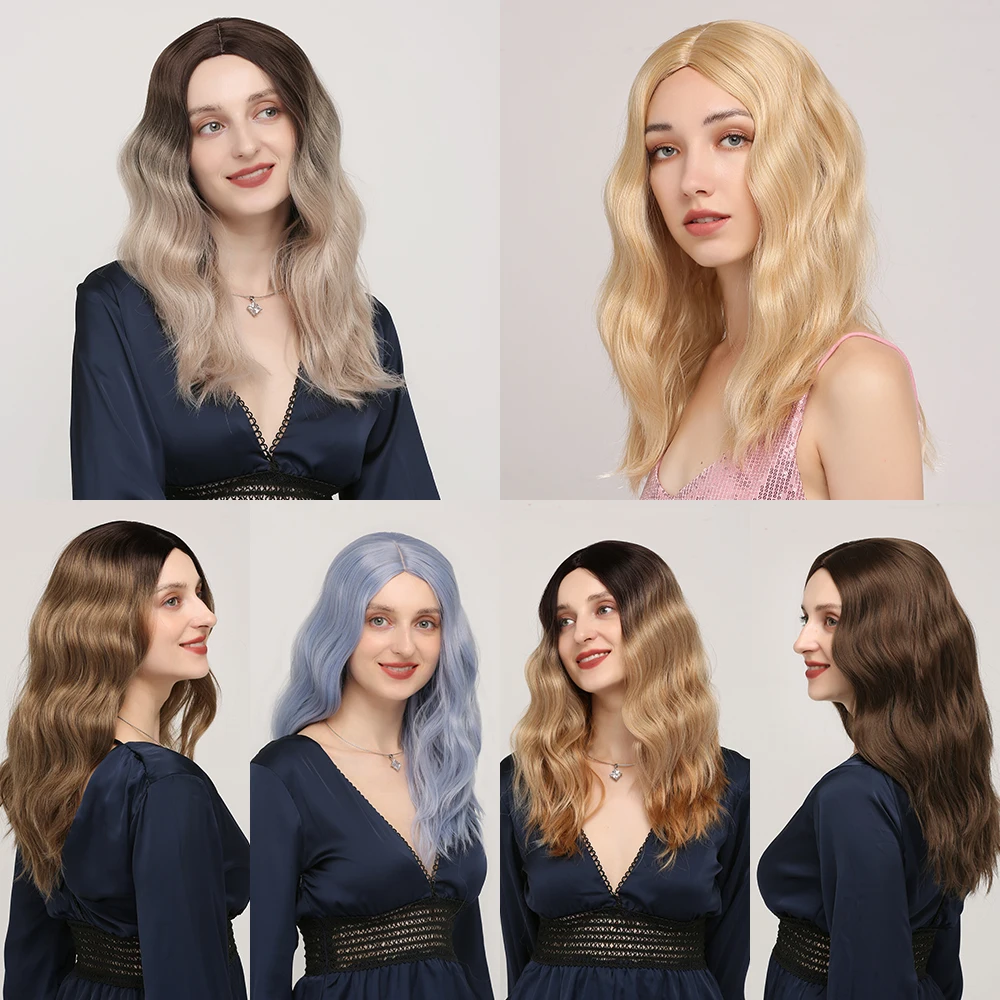 

Natural Wave Highlight Brown Synthetic Wigs Middle Part For Women Shoulder Length Hair High Temperature Fiber Cosplay Wig IPARTY