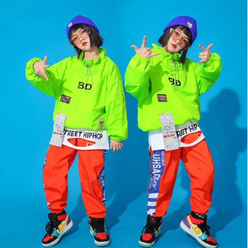 

Kids Festival Hip Hop Clothing Green Jacket Tops Loose Sweatshirt dancing Pants for Girls Boys Jazz Dance Wear Costume Clothes